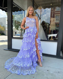 Radiant Sequin Lace Prom Dresses with Slit Ruffled One Shoulder Evening Dress 24055