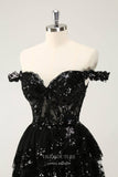 Radiant Sequin Lace Tiered Homecoming Dresses Off the Shoulder Back to School Dress hc405-Prom Dresses-vigocouture-Black-Custom Size-vigocouture