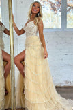 Radiant Sequin Lace Tiered Prom Dresses with Slit Sheer Boned Bodice 24308-Prom Dresses-vigocouture-Champagne-Custom Size-vigocouture