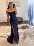 Radiant Sequin Mermaid Prom Dresses with Slit Spaghetti Strap Evening Dress 24042-Prom Dresses-vigocouture-Navy Blue-Custom Size-Spaghetti Strap-vigocouture