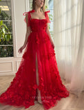 Red 3D Flower Prom Dresses with Pockets Bow Spaghetti Strap Formal Gown with Slit 24488