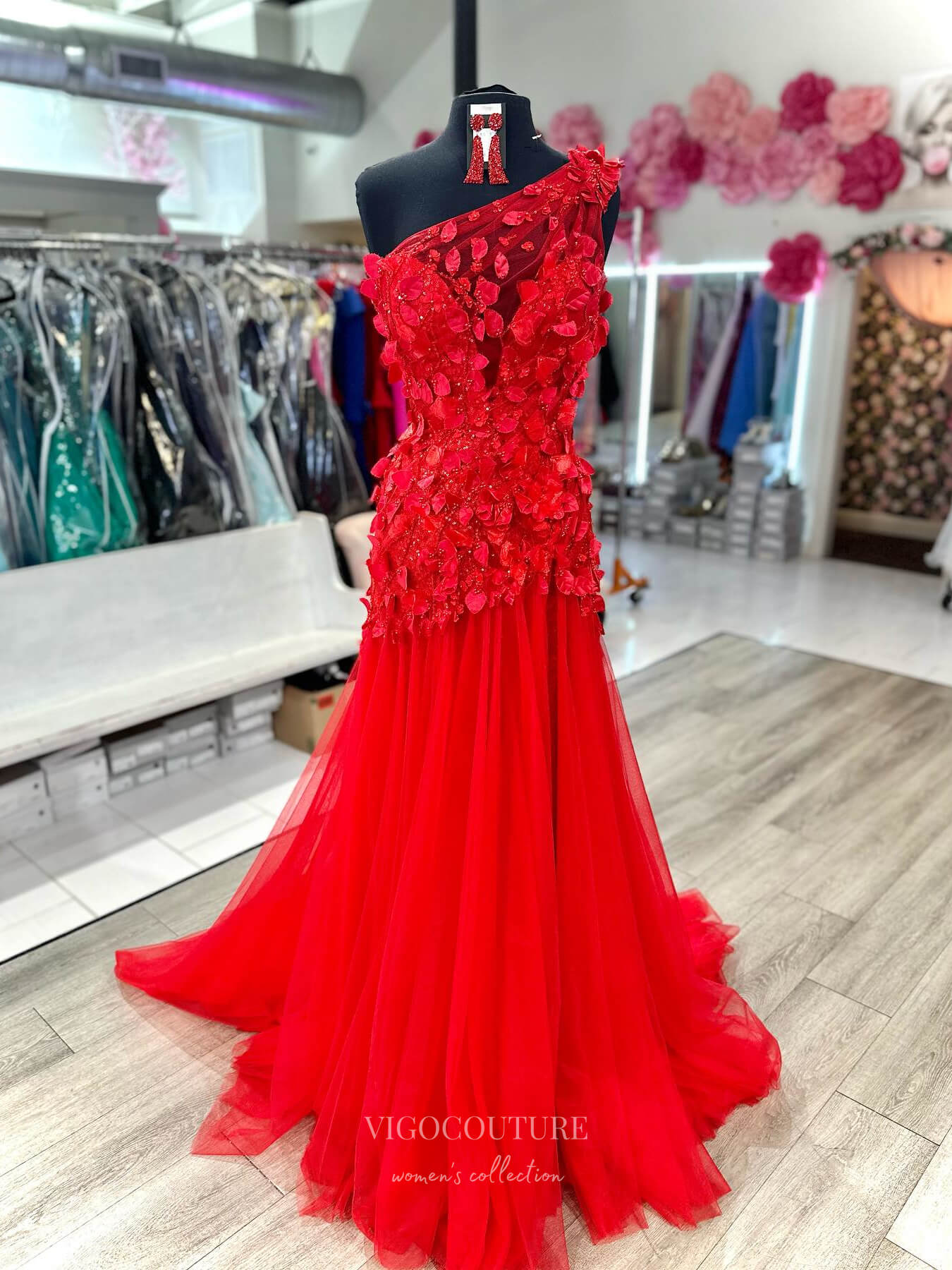 Red Beaded Lace Applique Prom Dresses 2024 One Shoulder Sheer Bodice 24228-Prom Dresses-vigocouture-Red-Custom Size-vigocouture