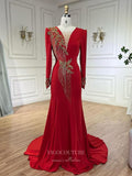 Red Beaded Lace Satin Prom Dresses Long Sleeve V-Neck Formal Dress 24516