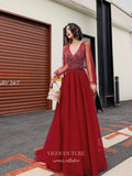 Red Beaded Sparkly Tulle Long Sleeve Prom Dresses 2025 V-Neck Formal Gown 25064-Prom Dresses-vigocouture-Red-Custom Size-vigocouture