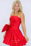 Red Bow-Tie Satin Homecoming Dresses Strapless Ruched Graduation Dress hc461