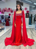 Red Cape Sleeve Sheath Prom Dresses Beaded Neckline Satin Bodice 24146-Prom Dresses-vigocouture-Red-Custom Size-vigocouture