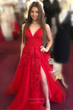 Red Lace Applique Cheap Prom Dresses with Slit Spaghetti Strap V-Neck 24316-Prom Dresses-vigocouture-Red-Custom Size-vigocouture