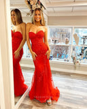 Red Lace Applique Mermaid Prom Dresses Strapless Evening Dress 24040-Prom Dresses-vigocouture-Red-Custom Size-vigocouture