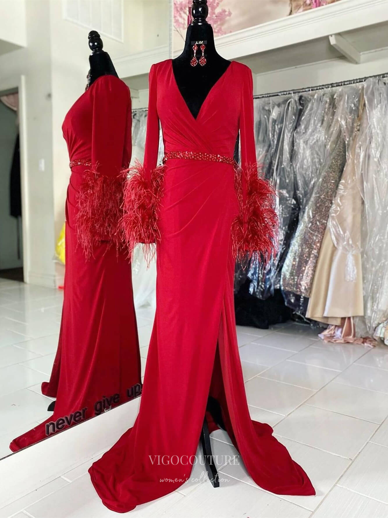 Red Long Sleeve Feather Sheath Prom Dresses with Slit V-Neck Beaded Belt 24174-Prom Dresses-vigocouture-Red-Custom Size-vigocouture