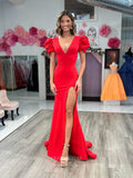 Red Puffed Sleeve Satin Mermaid Prom Dresses with Slit V-Neck 24162