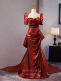 Red Puffed Sleeve Sweetheart Prom Dresses 2025 Shimmering Satin Bow Tie Evening Dress 25065-Prom Dresses-vigocouture-Red-Custom Size-vigocouture