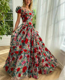 Red Rose Blossom Prom Dresses with Pockets Puffed Sleeve V-Neck 24482