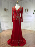 Red Satin Beaded Lace Prom Dresses Long Sleeve V-Neck Formal Dress 24517