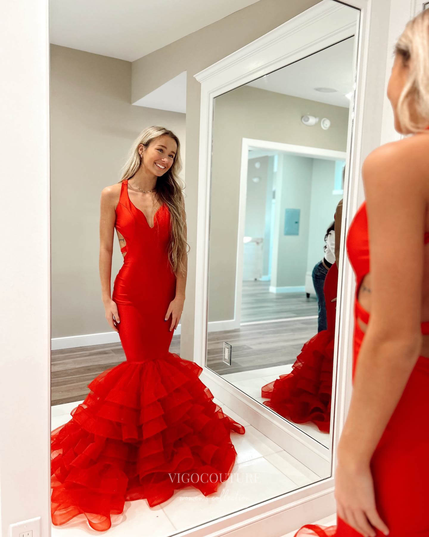 Red Satin Mermaid Prom Dresses Ruffled Evening Dress 24039 – vigocouture