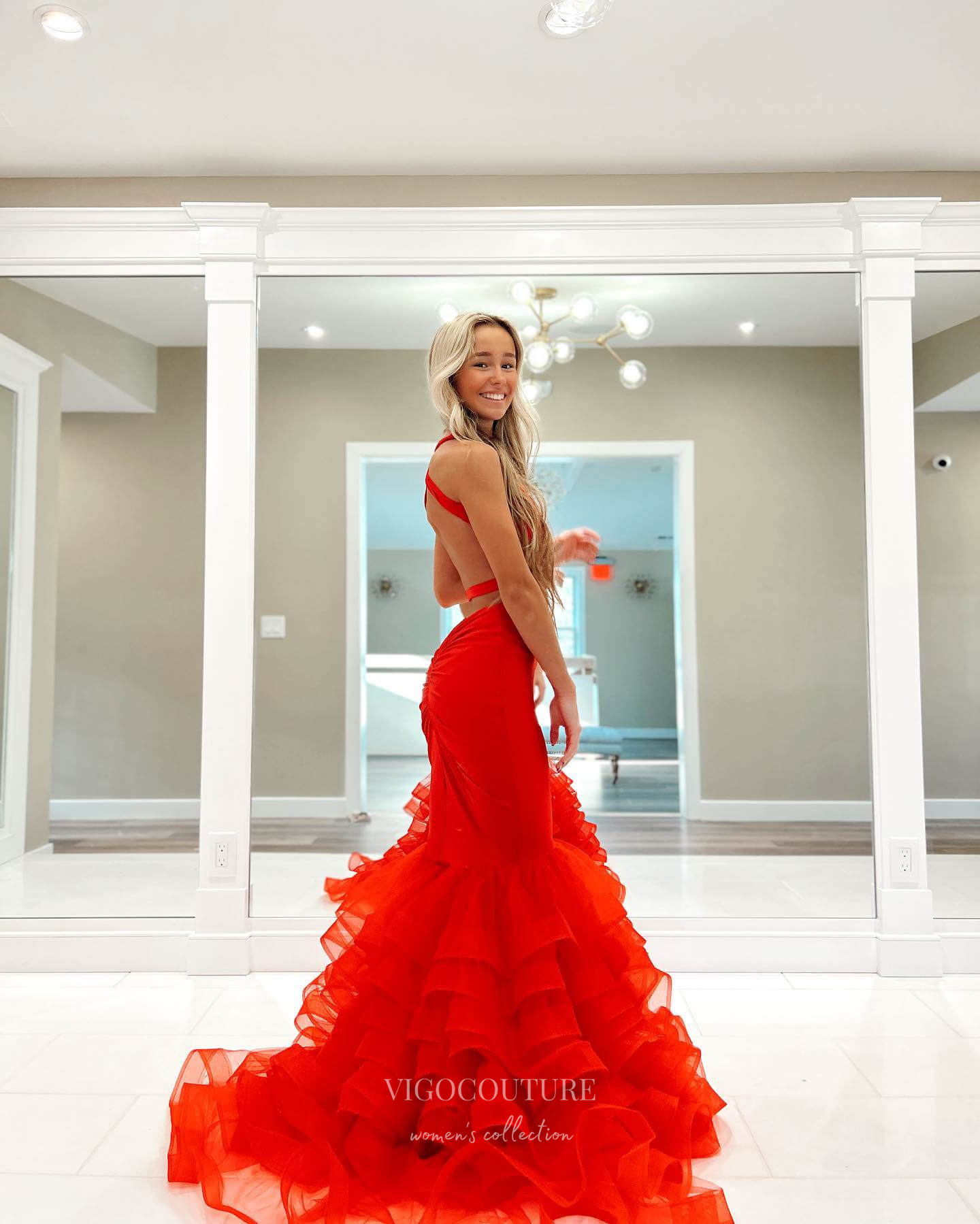 Strapless Red Ruffle Prom Dresses, Red Ruffle Strapless Formal