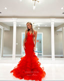 Red Satin Mermaid Prom Dresses Ruffled Evening Dress 24039-Prom Dresses-vigocouture-Red-Custom Size-vigocouture