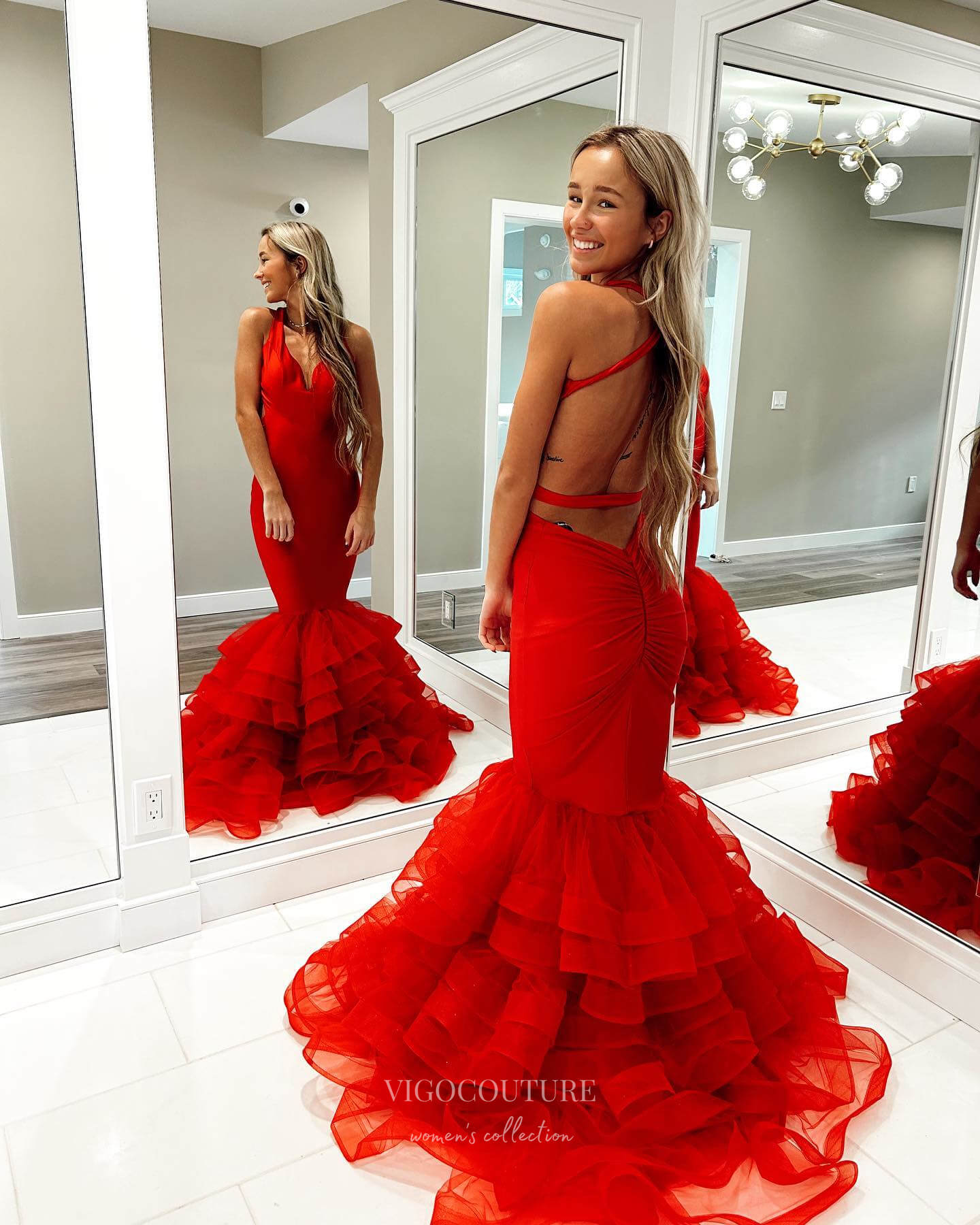 Red Satin Mermaid Prom Dresses Ruffled Evening Dress 24039
