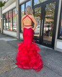 Red Satin Tiered Ruffled Cheap Prom Dresses 2024 Mermaid Halter Neck 24359-Prom Dresses-vigocouture-Red-Custom Size-vigocouture