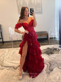 Red Sequin Lace Prom Dresses with Slit Ruffled Off the Shoulder Evening Dress 24054-Prom Dresses-vigocouture-Red-Custom Size-vigocouture