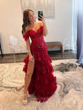 Red Sequin Lace Prom Dresses with Slit Ruffled Off the Shoulder Evening Dress 24054-Prom Dresses-vigocouture-Red-Custom Size-vigocouture