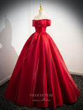 Red Shiny Satin Cheap Prom Dresses Pearl Off the Shoulder Formal Gown 24376-Prom Dresses-vigocouture-Red-Custom Size-vigocouture