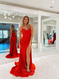 Red Shiny Satin Mermaid Prom Dresses with Slit Beaded Spaghetti Strap Boned Bodice 24096