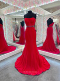 Red Strapless Satin Mermaid Prom Dresses Beaded Belt Open Back 24156-Prom Dresses-vigocouture-Red-Custom Size-vigocouture