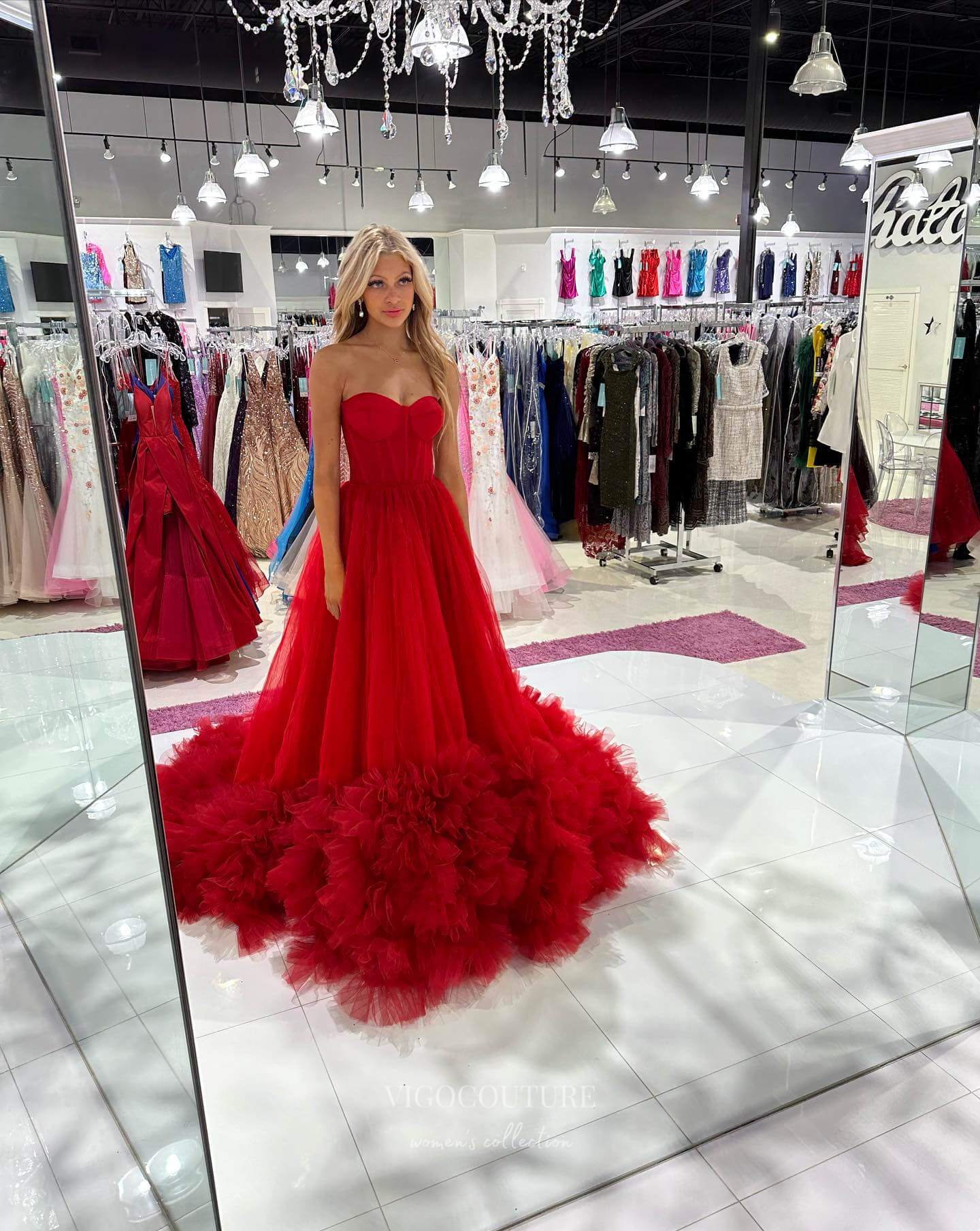 Red Tiered Tulle Prom Dresses Strapless Formal Gown 24034