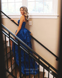 Royal Blue Beaded Lace Prom Dresses with Slit Ruffled Evening Dress 24052-Prom Dresses-vigocouture-Royal Blue-Custom Size-vigocouture
