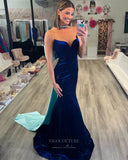 Royal Blue Bow-Tie Velvet Prom Dresses Mermaid Sweetheart Neck 24350-Prom Dresses-vigocouture-Royal Blue-Custom Size-vigocouture