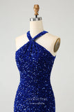 Royal Blue Sequin Homecoming Dresses Tassels Halter Neck Bodycon Dress hc354-Prom Dresses-vigocouture-Royal Blue-Custom Size-vigocouture