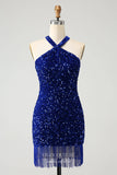 Royal Blue Sequin Homecoming Dresses Tassels Halter Neck Bodycon Dress hc354-Prom Dresses-vigocouture-Royal Blue-Custom Size-vigocouture