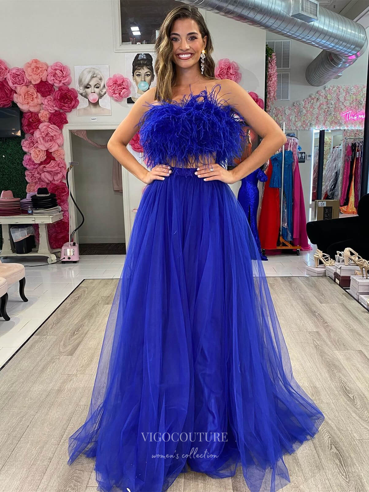 Royal Blue Two-Piece Prom Dresses 2024 Feather Bodice Tulle Bottom 24221-Prom Dresses-vigocouture-Royal Blue-Custom Size-vigocouture