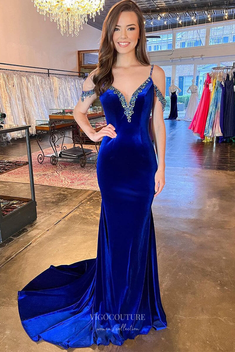 Royal Blue Velvet Mermaid Prom Dresses Beaded Off the Shoulder 24197 -  Royal Blue / Custom Size