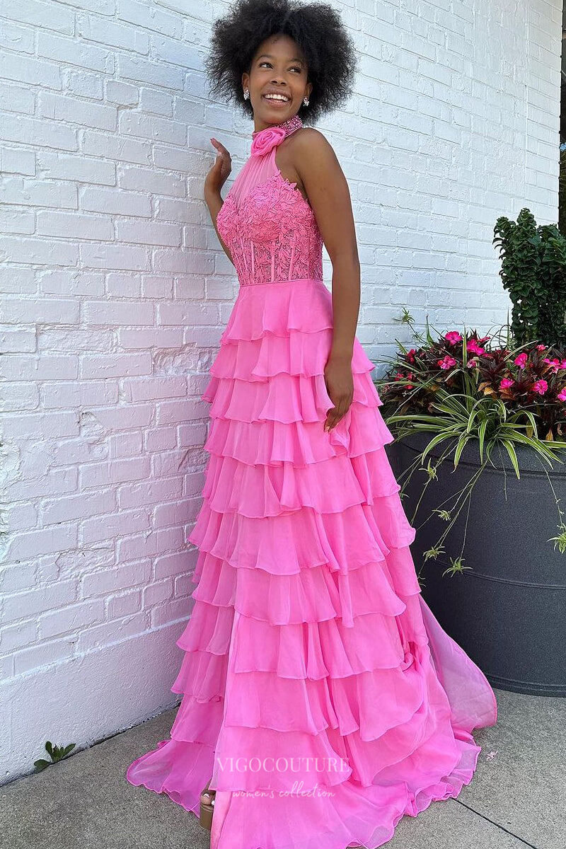 Ruffle Chiffon Prom Dresses with Slit Halter Neck Lace Applique 3D Flower 24118-Prom Dresses-vigocouture-Hot Pink-Custom Size-vigocouture