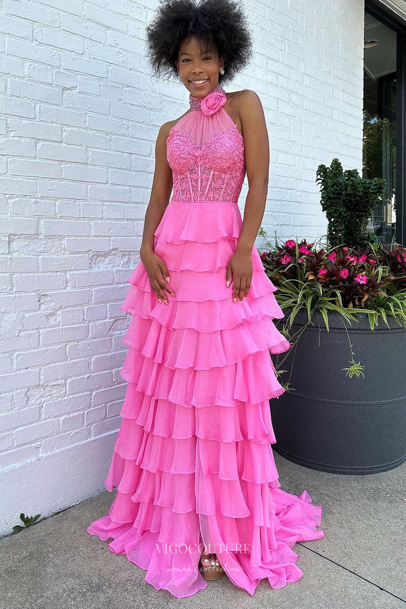 Ruffle Chiffon Prom Dresses with Slit Halter Neck Lace Applique 3D Flower 24118-Prom Dresses-vigocouture-Hot Pink-Custom Size-vigocouture