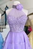 Ruffle Chiffon Prom Dresses with Slit Halter Neck Lace Applique 3D Flower 24118-Prom Dresses-vigocouture-Lavender-Custom Size-vigocouture