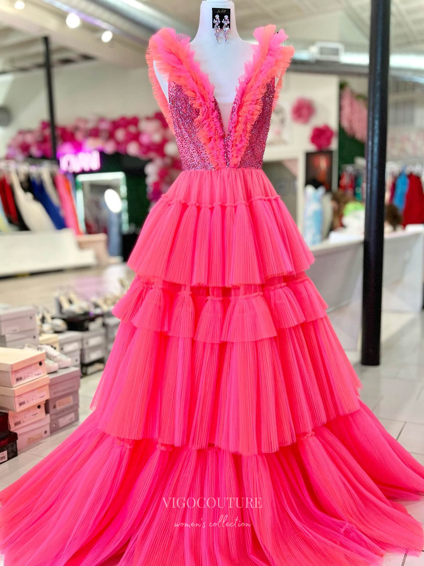 Ruffle Tiered A-Line Prom Dresses Plunging V-Neck Beaded Bodice 24151-Prom Dresses-vigocouture-Hot Pink-Custom Size-vigocouture