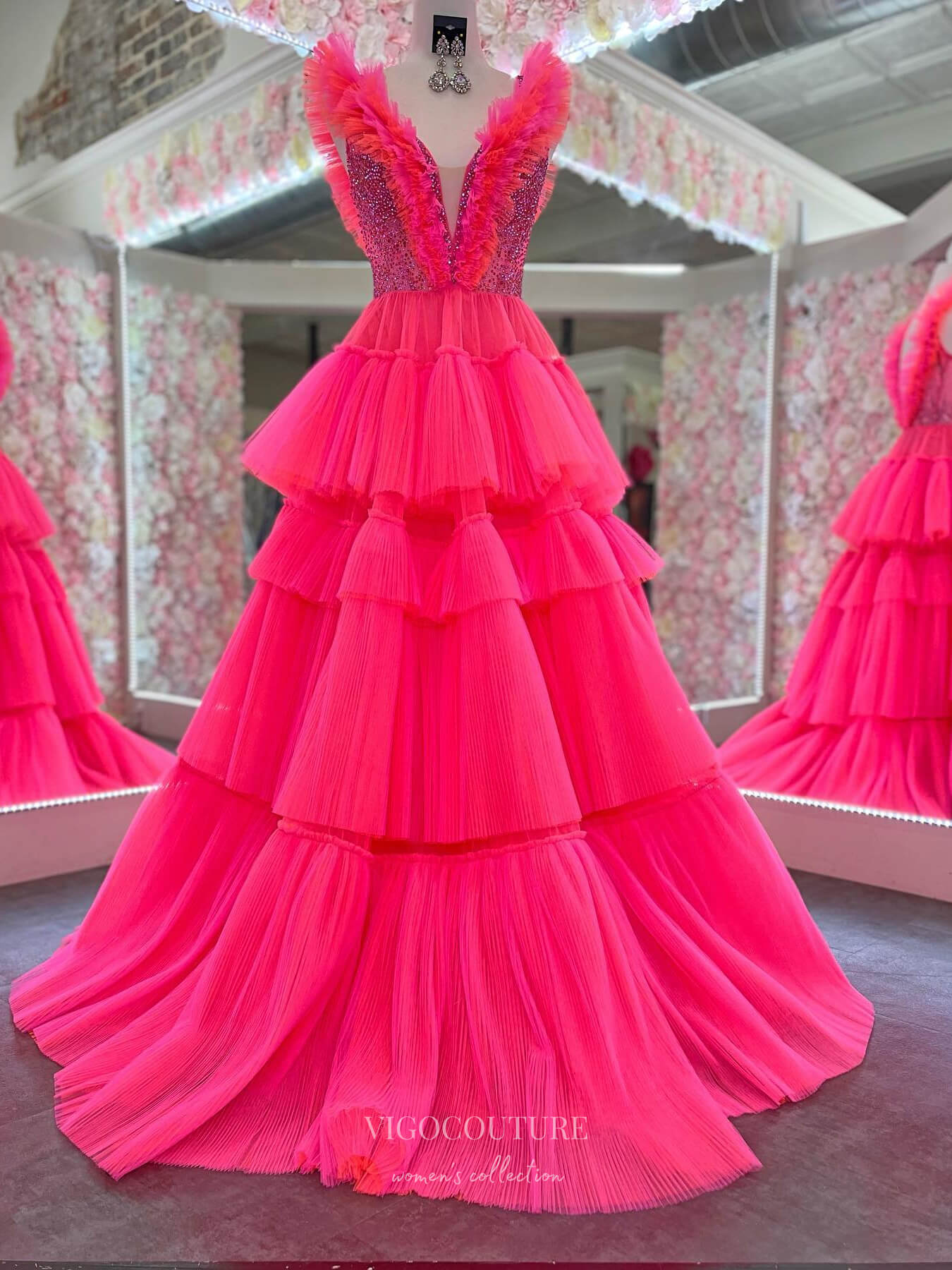 Ruffle Tiered A-Line Prom Dresses Plunging V-Neck Beaded Bodice 24151-Prom Dresses-vigocouture-Hot Pink-Custom Size-vigocouture