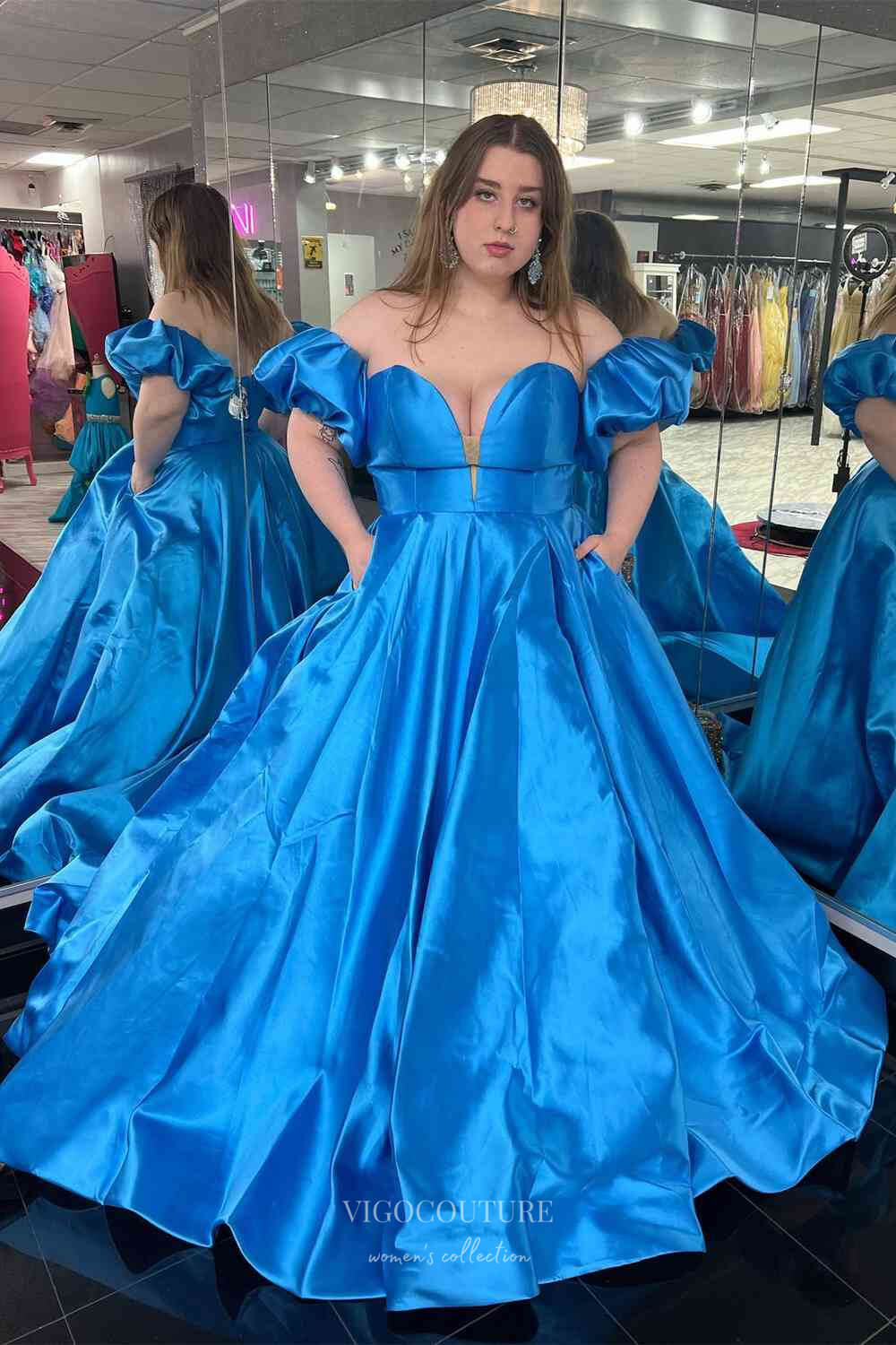 Satin Removable Puffed Sleeve Prom Dresses 2024 with Pockets and Slit 24235-Prom Dresses-vigocouture-Blue-Custom Size-vigocouture