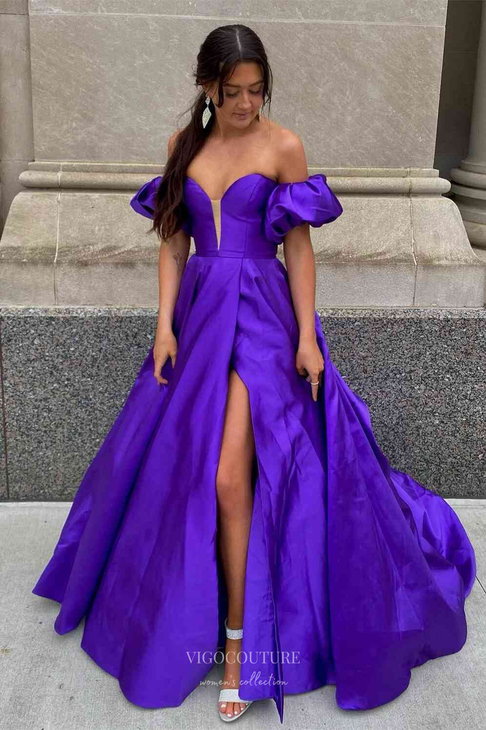Satin Removable Puffed Sleeve Prom Dresses 2024 with Pockets and Slit 24235-Prom Dresses-vigocouture-Purple-Custom Size-vigocouture
