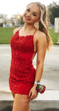 Sexy Lace Applique Homecoming Dress Spaghetti Strap Bodycon Dress hc259-Prom Dresses-vigocouture-Red-US0-vigocouture