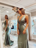 Sexy Mermaid Satin Prom Dresses Plunging V-Neck Pleated Bodice 24058-Prom Dresses-vigocouture-Green-Custom Size-vigocouture