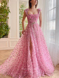 Sheer Pink Floral Lace Prom Dresses with Slit Cap Sleeve Flower Gown with Pockets 24484