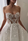 Sheer Strapless Lace Applique Wedding Dress Chapel Train Bridal Gown W0127-Wedding Dresses-vigocouture-Ivory-US2-vigocouture