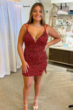 Shimmering Sequin Hoco Dress with V-Neck Spaghetti Strap Bodycon Dress hc296-Prom Dresses-vigocouture-Red-US0-vigocouture