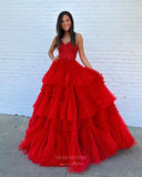 Shimmering Tulle Ruffled Prom Dresses Spaghetti Strap Formal Dress 24001-Prom Dresses-vigocouture-Red-Custom Size-vigocouture