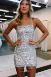 Silver Sequin Spaghetti Strap Homecoming Dresses Sparkly Cheap Graduation Dress hc433