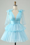 Sky Blue A Line V Neck Homecoming Dress Pleated Tiered Back to School Dress hc363