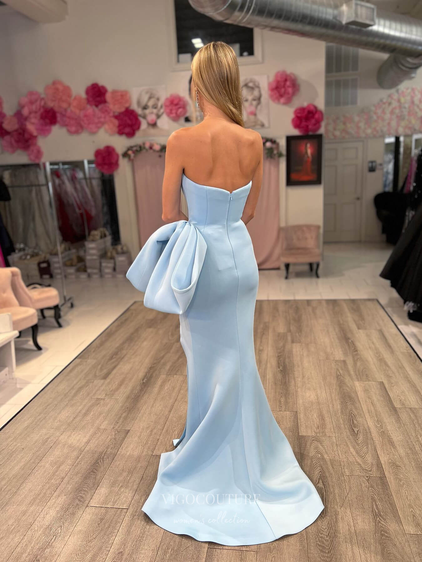 Smooth Satin Bow Mermaid Cheap Prom Dresses with Slit Pleated Bodice 24142-Prom Dresses-vigocouture-Light Blue-Custom Size-vigocouture